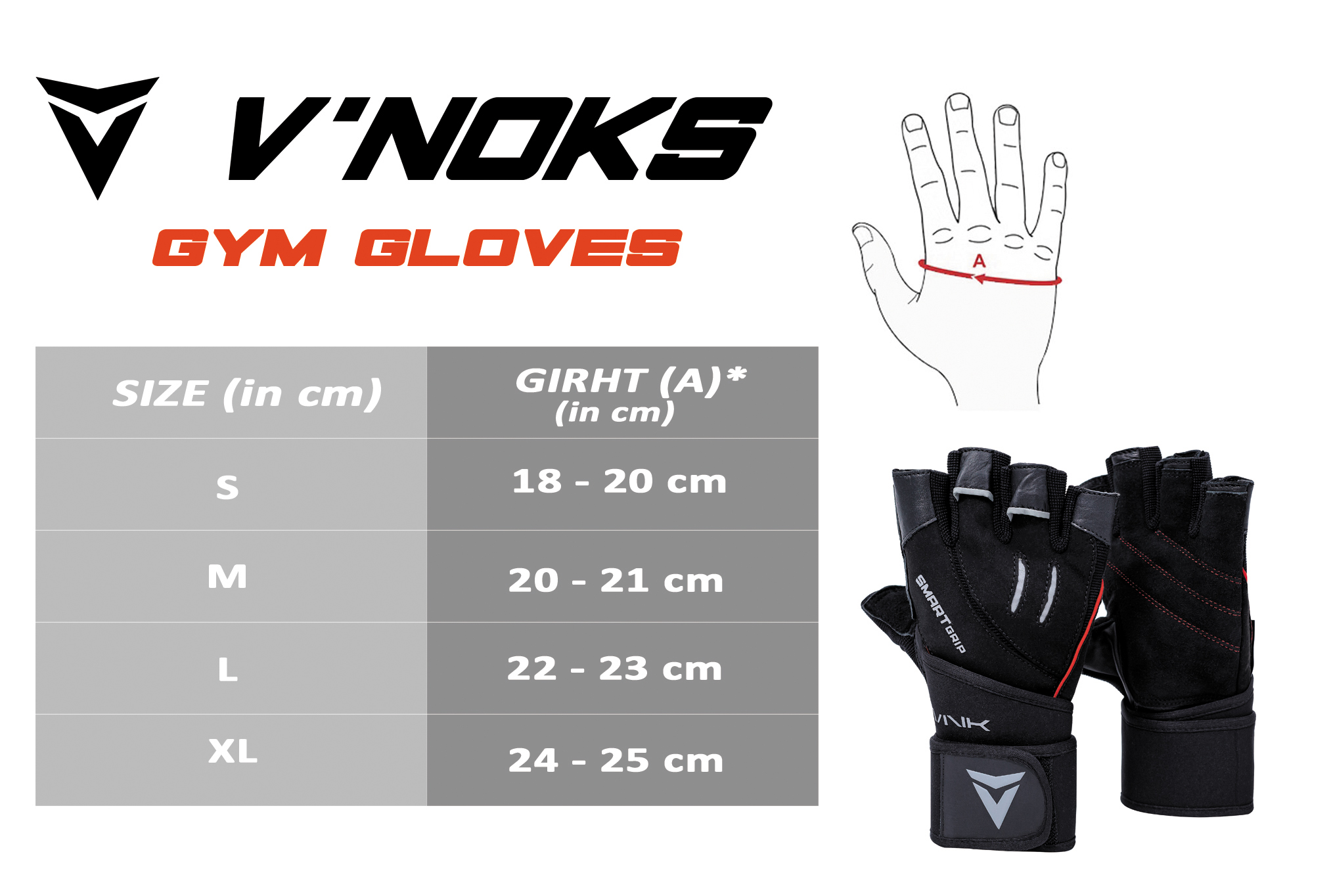 VNK Power Black Gym Gloves size chart
